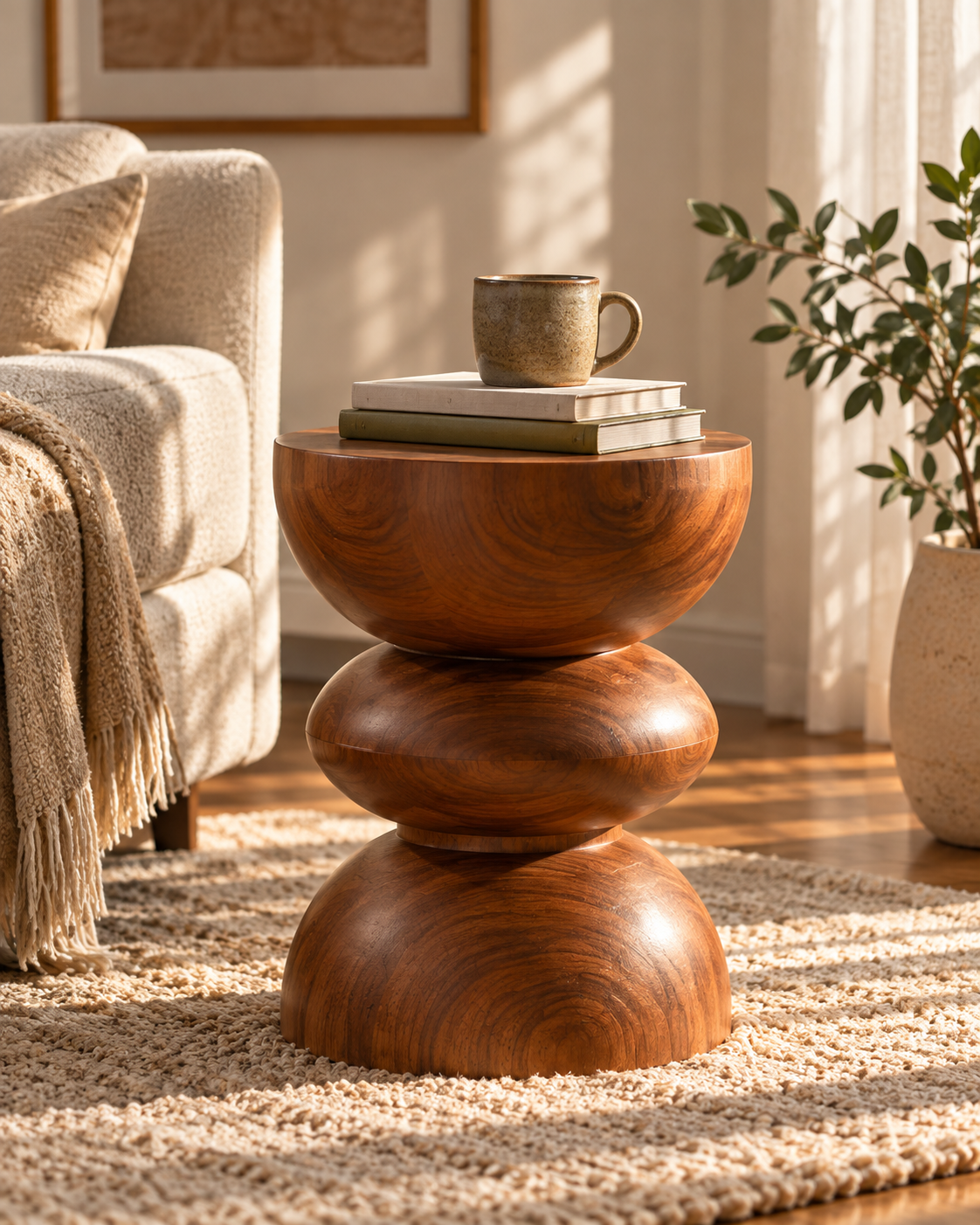 Sculpted Walnut Column Side Table