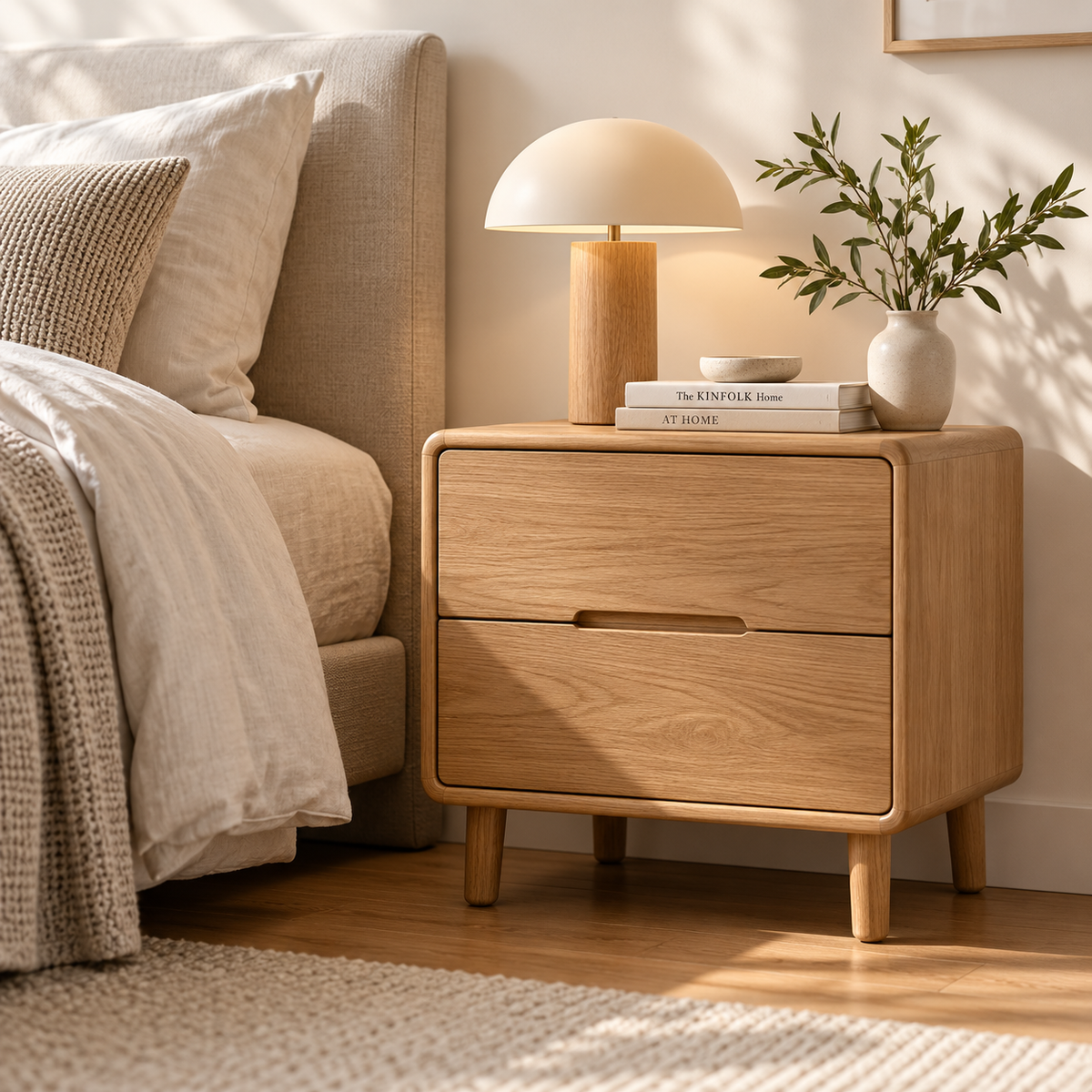 Rounded Oak Two-Drawer Nightstand