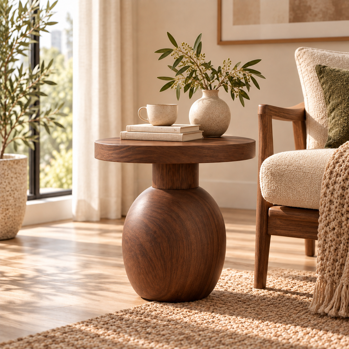 Dark Walnut Orb Pedestal Side Table