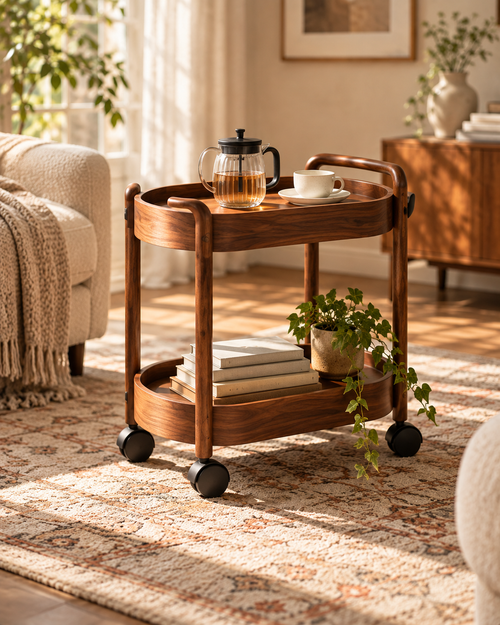 Walnut Two-Tier Rolling Bar Cart
