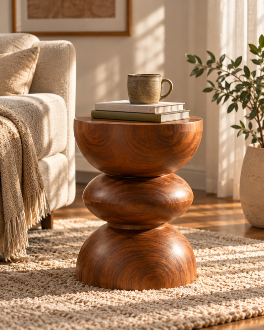 Sculpted Walnut Column Side Table