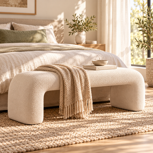 Curved Bouclé Bedroom Bench