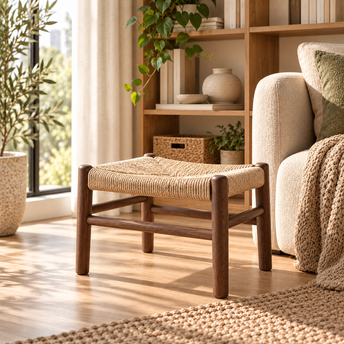 Handwoven Rope & Walnut Accent Stool