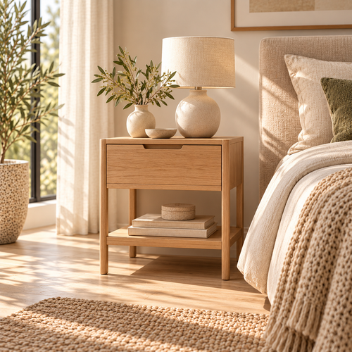 Natural Oak Drawer Nightstand with Shelf