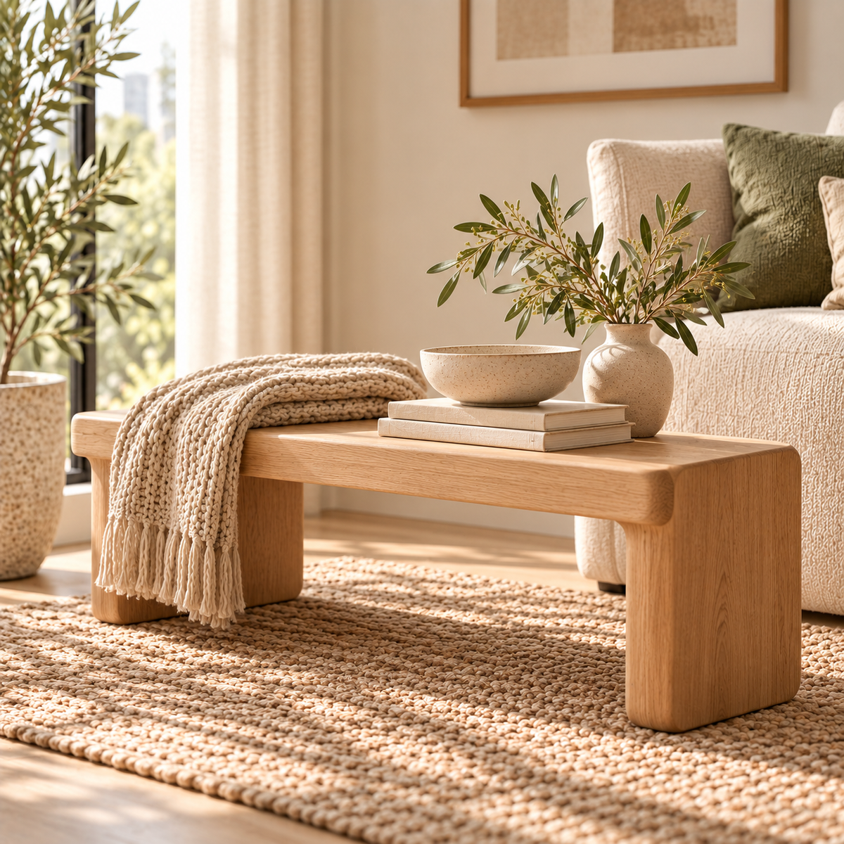 Solid Oak Low Coffee Bench
