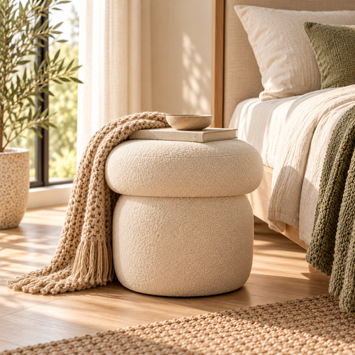 Ivory Bouclé Drum Ottoman